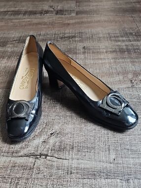 Salvatore Ferragamo - Black Patent Leather Mid Heel Pumps